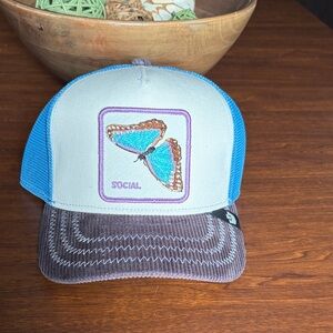 Goorin Blue Butterfly Trucker Hat with Brown Corduroy Brim